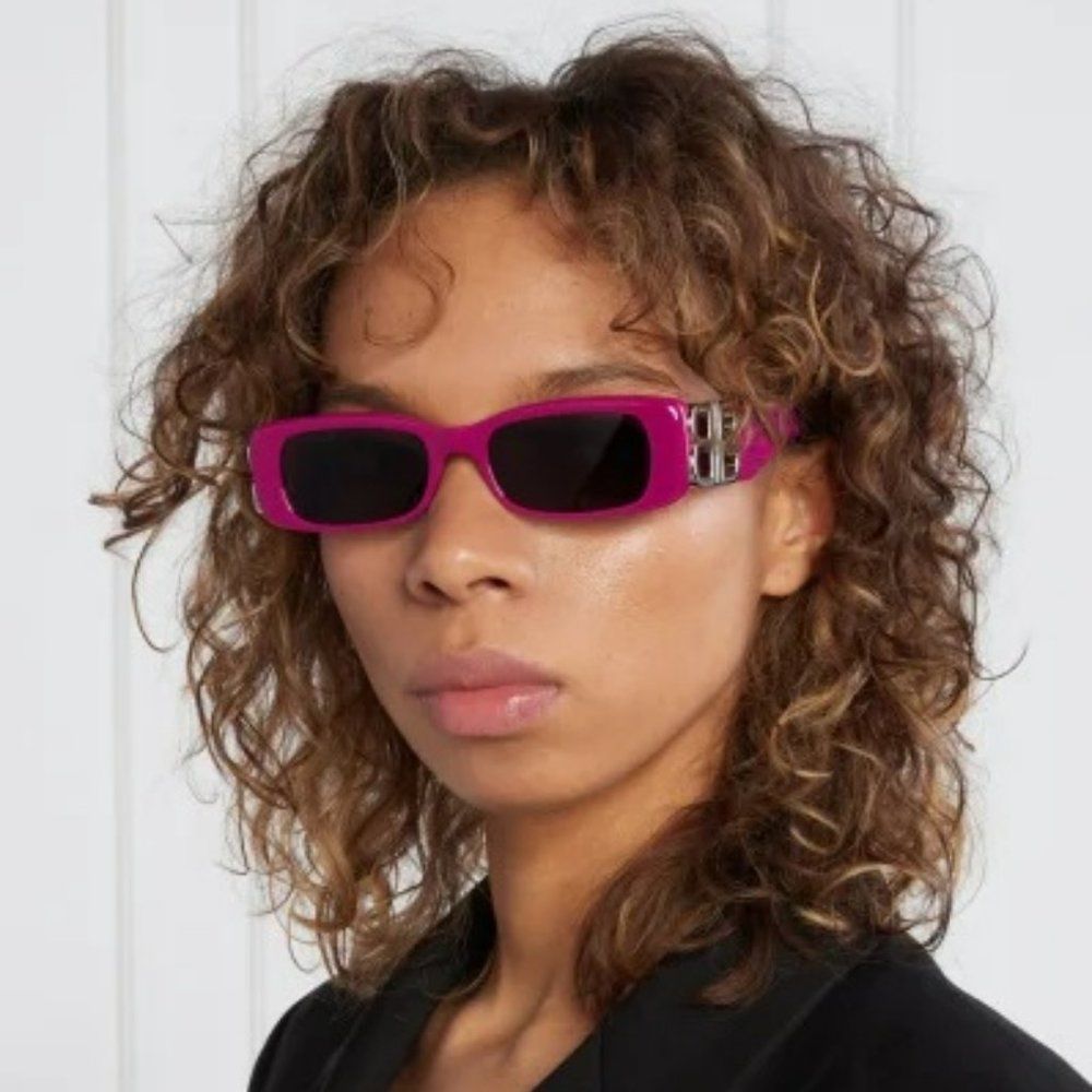 Balenciaga BB0096S 016 Sunglasses Fuchsia Purple Silver Logo Rectangle Unisex - Picture 6 of 15